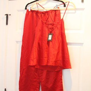 Frederick's of Hollywood Summer Lattice Satin PJ Pants & Cami Set Red Medium